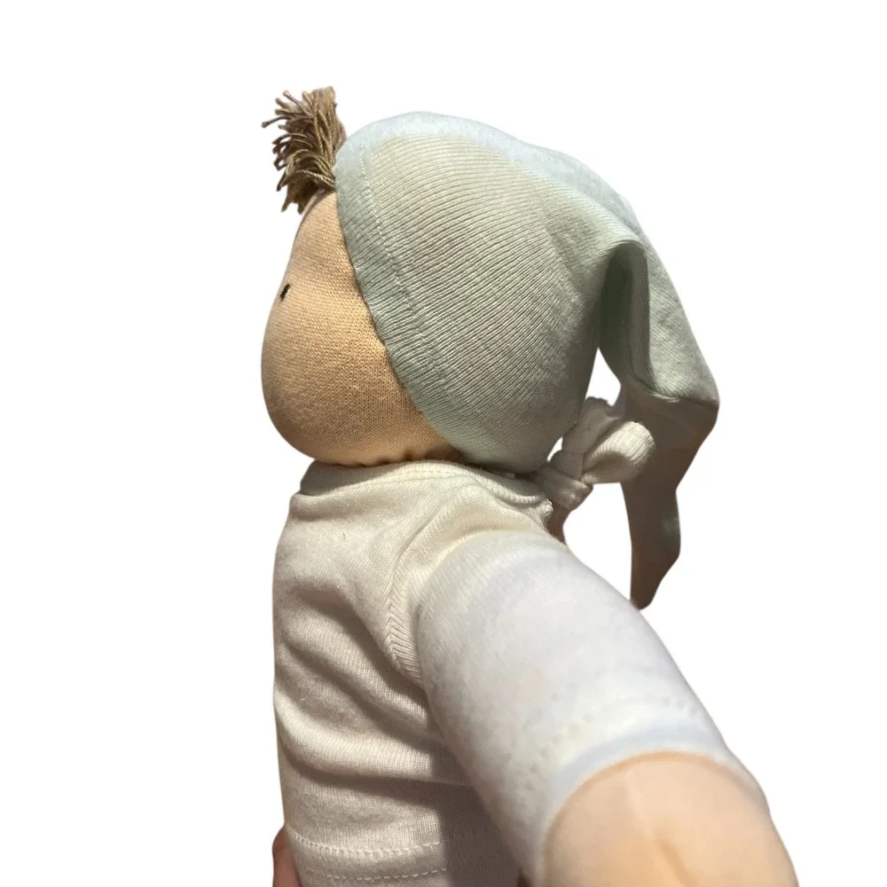 Waldorf Style Soft Plush Doll 13 Inch Handmade Fabric Toy Green Cap White Shirt